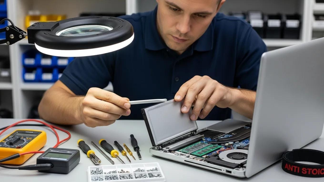 Technician replacing a laptop battery with tools and components visible