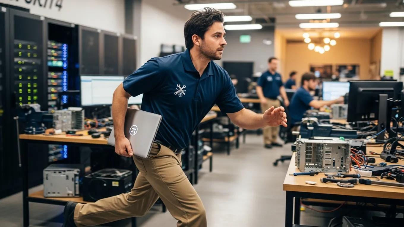 Technician responding to an urgent IT service call, illustrating fast response times in computer repair