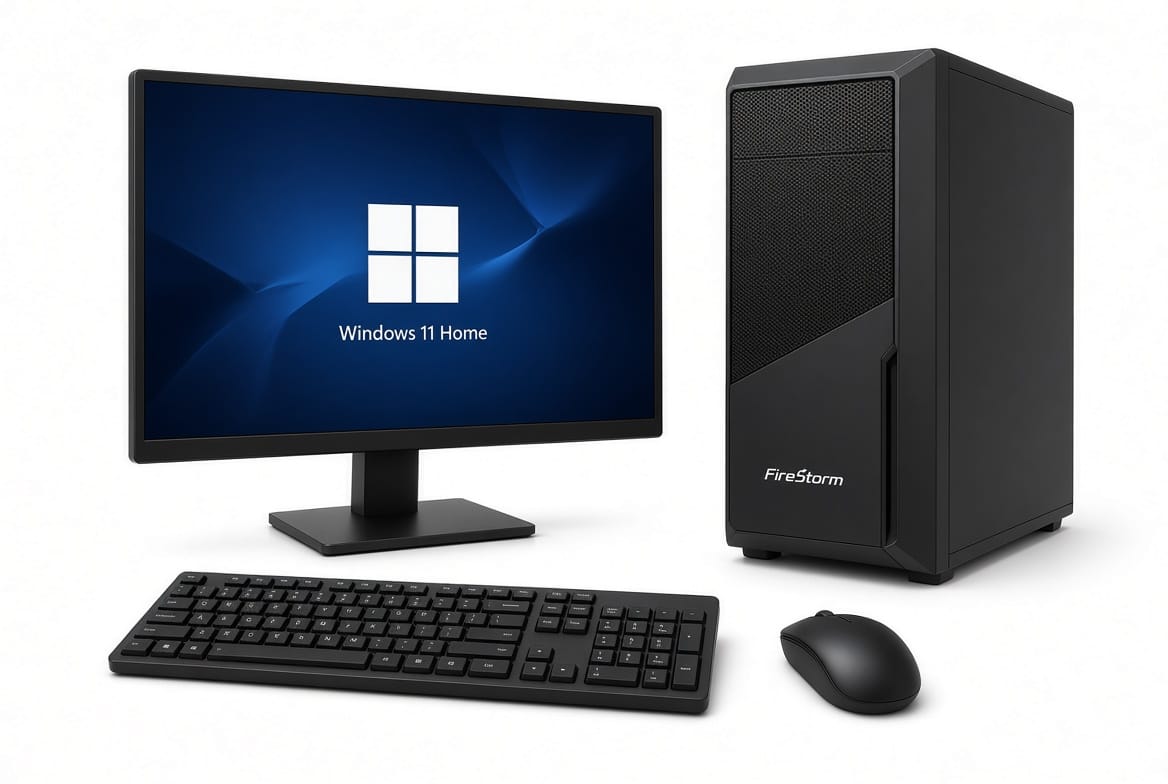 FireStorm custom desktop PC with black tower, 24-inch monitor displaying Windows 11 Home, keyboard and mouse on white background