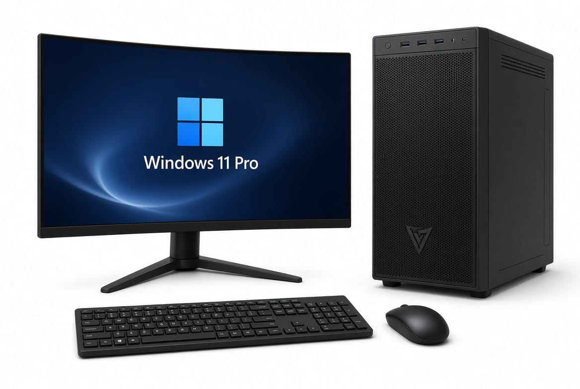 NEXUS Business desktop PC with black tower, 27-inch curved monitor showing Windows 11 Pro, keyboard and mouse on white background