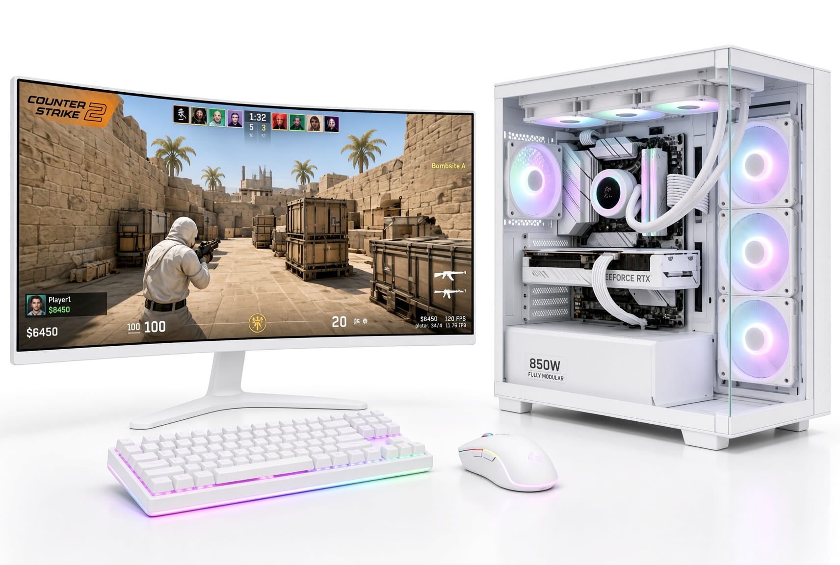 White custom gaming PC with dual 34-inch curved monitors displaying Counter-Strike 2, full white RGB interior build, white RGB keyboard and mouse